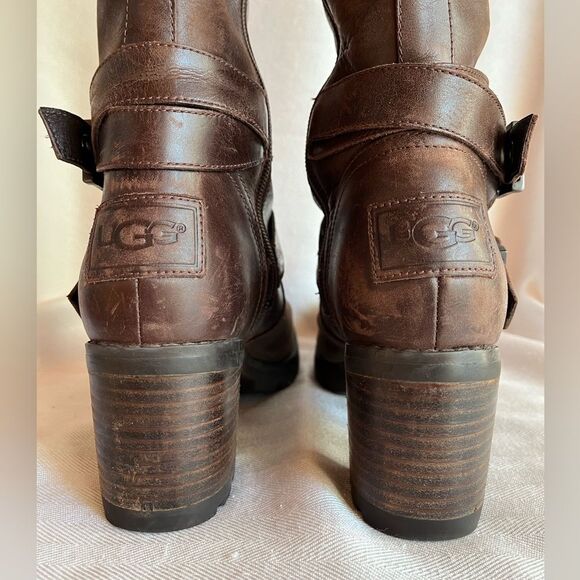 UGG Lana Brown Leather & Shearling Biker Boot, knee high, zipper & buckle size 7 - Picture 7 of 13